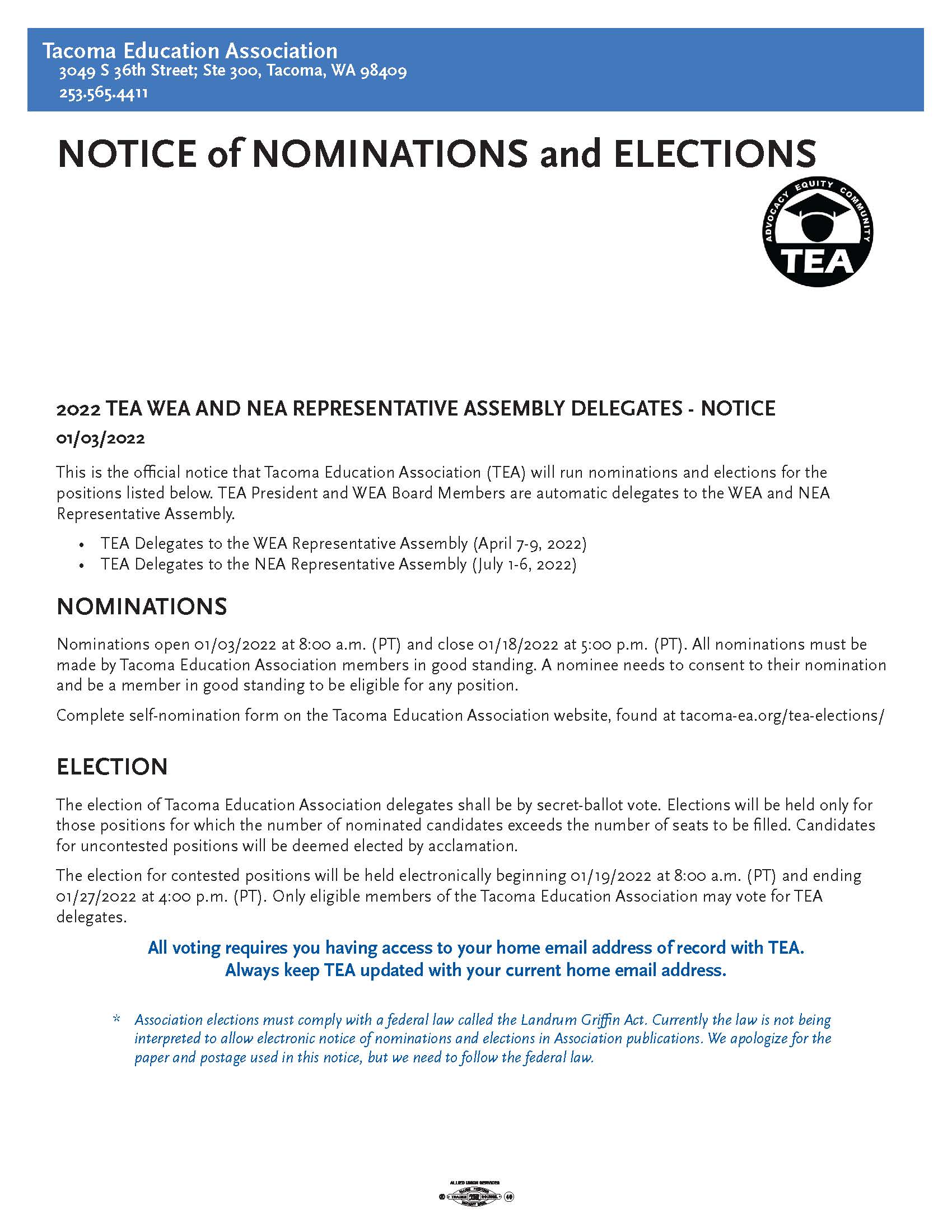 TEA WEA NEA RA Nomination and Election Notice